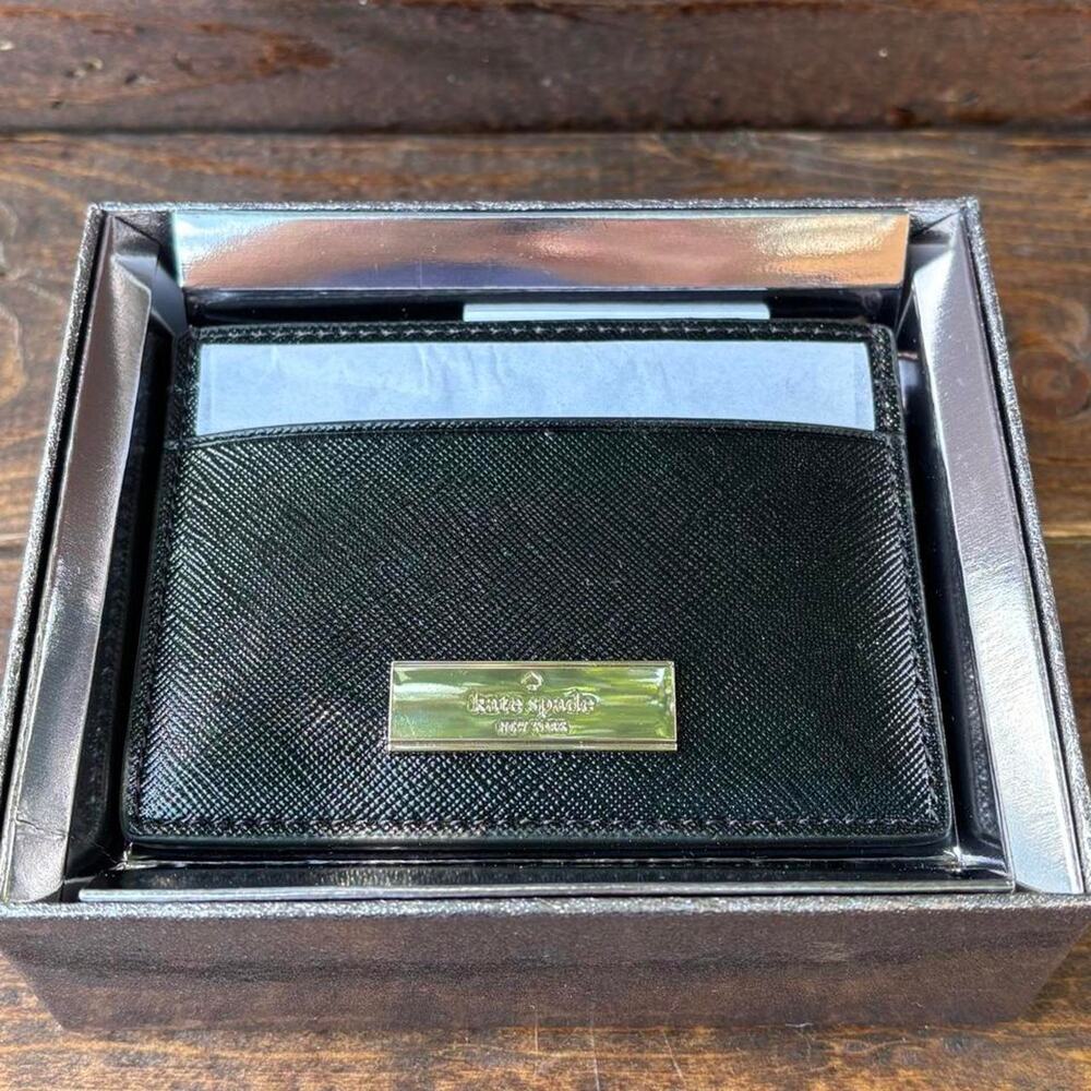 Kate Spade black patent saffiano card holder new